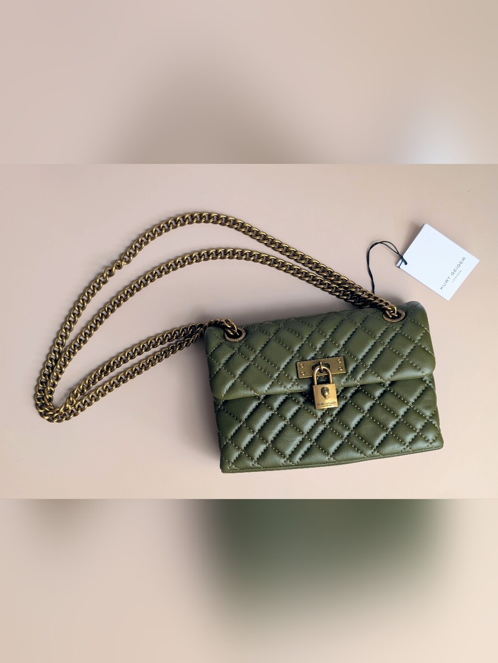 NWT Kurt Geiger London Brixton Olive Green Quilted Leather Chain Crossbody Bag - Picture 8 of 17